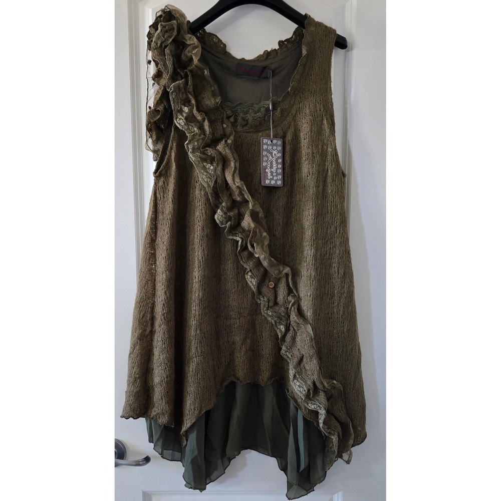Pretty Angel Olive Green Open Knit Ruffle Tunic Top AN-TS-62361 NWT Large